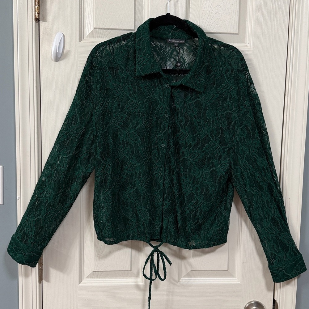 Adrianna Papell Dark Green Lace Blouse Luxury - Picture 9 of 16